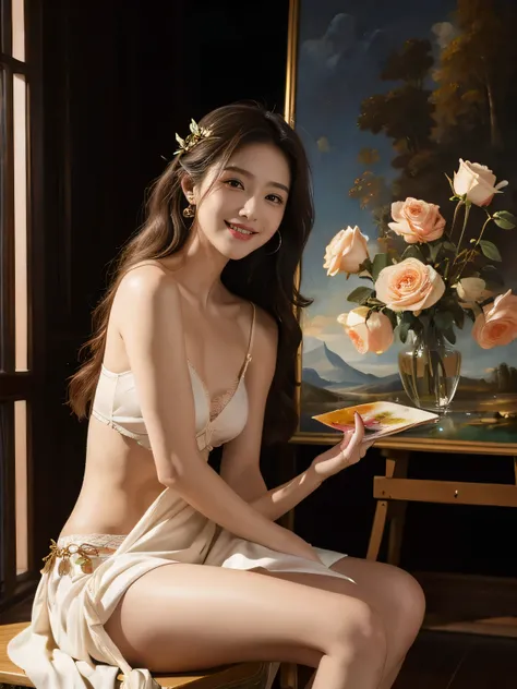 Giorgione painting style,、roses in vase、fruits、Cute trinkets、smile、ancient greek costume、Background is a forest lake at night 、Clothes that stretch your shoulders、Sexy lingerie,A big smile、beautiful bare skin,Female painter painting oil in her studio