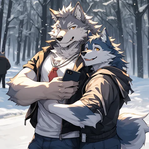 2 people，Mobile phone selfie form，with another person（Wolf）Group photo，Head by head，happy smile