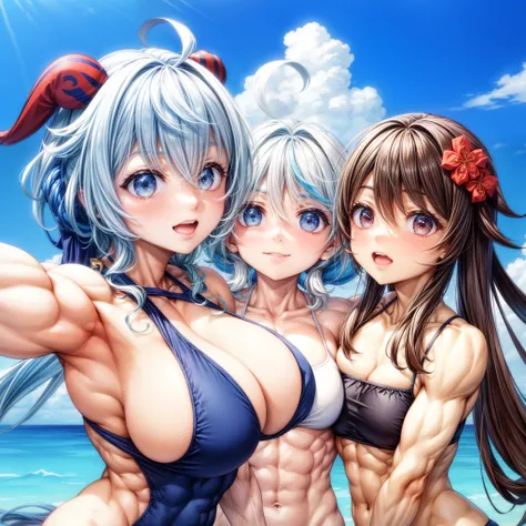 3girls,muscular female,,muscular ,biceps,,thick arm,biceps,(furina, hu tao,ganyu),happy,swimsuit,abs