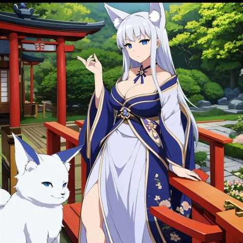 A kitsune woman, with short skirt kimono, silver hair, long hair, in a Japanese garden, big breasts, blue eyes, kitsune ear

