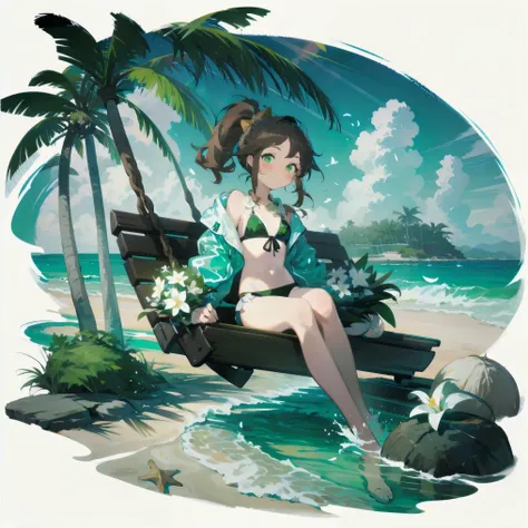 [(White background:1.15), ::2]alone, medium shot, whole body，Small child figure，High saturation，Brown flowing ponytail，golden bow around neck， Green themed swimsuit，bikini，green eyes，blush，Smile，Sunlight，beach，coconut tree，white flowers，water，sea，sitting o...