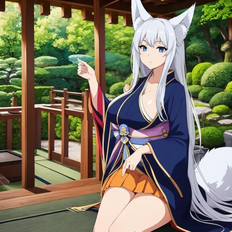 A kitsune woman, with short skirt kimono, silver hair, long hair, in a Japanese garden, big breasts, blue eyes, kitsune ear
