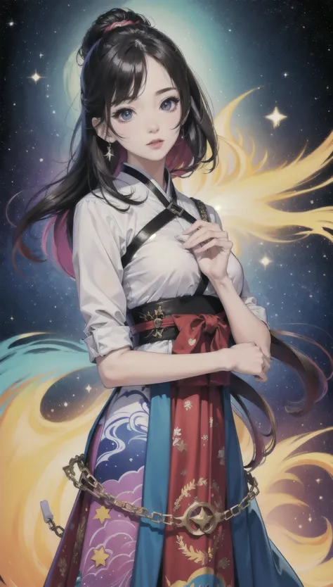Korean half face, Use a purple and blue color palette,Featuring realistic brushstroke styles and pastel colors, With the universe as a background and stars.
