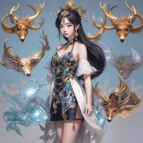 deer角飞天九尾浅蓝天师火焰毛deer星，novel，Torch Night Black Gold Orange Snake Print Silk Trousers，Rouge Diamond Tulle Sheer Lizard Print，Fat girl flying in space in the snow 1:900 miniatures，Front view，pure transparency，put on boxing gloves，佩戴金框反Light太阳镜，Panoramic super...