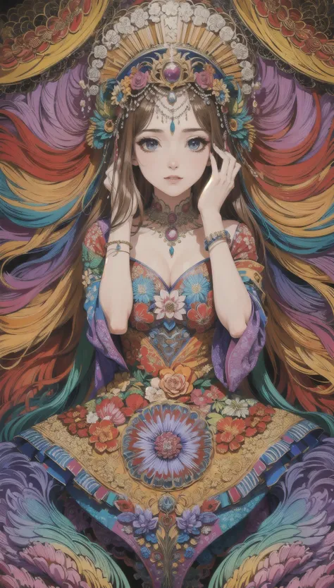masterpiece,top quality,best quality,official art,beautiful and aesthetic,(1girl:1.2),extremely detailed,(fractal art:1.1),colorful,flowers,highest detailed,zentangle,abstract background,shiny skin,many colors,feathers,