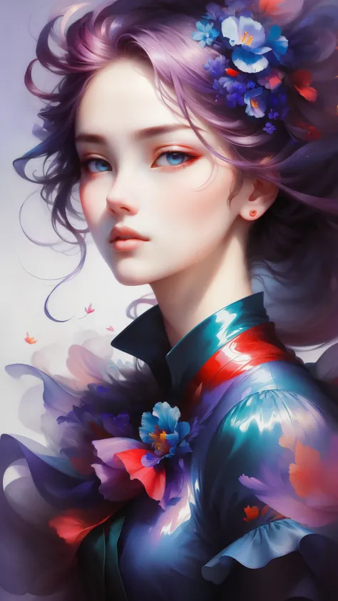 _James Jean, Floating female figure made from ribbon, smokes, in the sky, Colorful、Energetic, mysterious color, contemporary impressionism, yanjun cheng portrait painting, iridescence painting, 3/4 perspective, cute face, low angle, Sweeping and circling c...