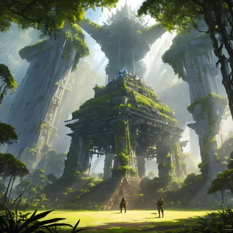 (a massive pyramid,naturalistic,overgrown with foliage),giant mecha of an Aztec god,figs,vines,jungle,ancient civilization,imposing presence,cryptic symbols,impressive engineering,complex machinery,detailed gears and joints,weathered metal and stone,concea...