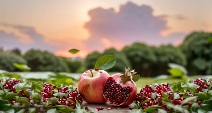 There is an apple on the left and a pomegranate on the right.，Green leaves are placed on it，Blue sky and white clouds，HD fruit photography，