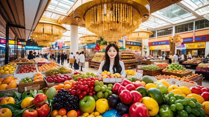 Bustling large shopping mall, People and stalls with different perspectives, There are many tropical fruits at the upper reaches of the stall., A family is shopping, Background sky with balloons and peace dove, Surrealism, rococo style, high detail, Contem...