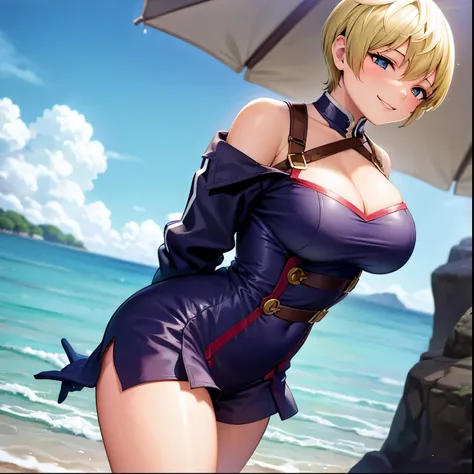 1girl, alone,Tenka izumo,masterpiece, best quality, absurdres, perfect anatomy, bikini, cleavage, standing, arms behind back, leaning forward, smile, outdoors, beach scene, big breasts, medium waist, wide hips, medium thighs, short hair, blonde hair, blue ...