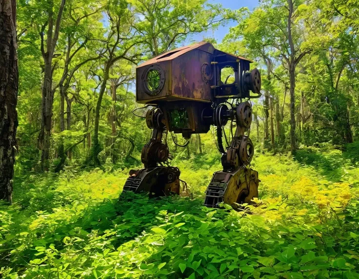 Create an image of a once-mighty mechanical exosuit, now abandoned and forgotten in a lush, overgrown forest. Nature has reclaimed this technological marvel, with vines and moss covering its metal frame. The exosuit stands tall amidst towering trees, its j...