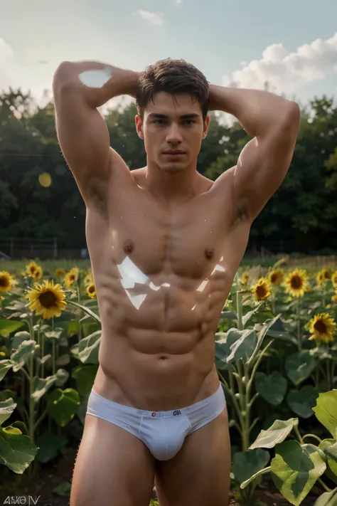 a young male model, athletic build, shirtless, only wearing white thong underwear, sexy, strong confident pose, sunflower field, (best quality, 4k, 8k, highres, masterpiece:1.2), ultra-detailed, (realistic, photorealistic, photo-realistic:1.37), HDR, UHD, ...