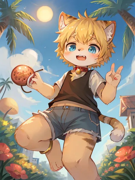 field，standing in front of the garden，short hair，blond，light blue eyes，Alcohol，flare collar，whole body，child，hairy，Cat ears，Cat ears，open mouth，There are Cat teeth，That&#39;is it，Sky、，Sky，sun，In the summer，No spots，Cubs，There are yellow hairs everywhere，Th...