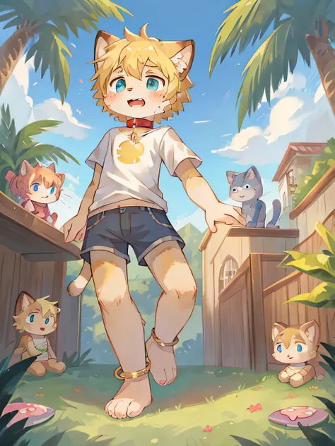 field，standing in front of the garden，short hair，blond，light blue eyes，Alcohol，flare collar，whole body，child，hairy，Cat ears，Cat ears，open mouth，There are Cat teeth，That&#39;is it，Sky、，Sky，sun，In the summer，No spots，Cubs，There are yellow hairs everywhere，Th...