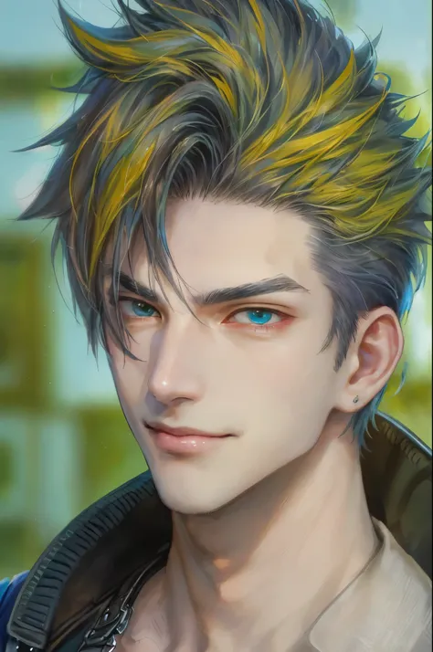 ((absurdres, highres, ultra detailed, perfect face), 1 male , front view, teen boy, handsome boy villain character from Final Fantasy VII, short hair, anime eyes, casual clothes with colorful details,  eyes on the viewer, add red details to picture and smi...