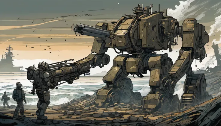 (((stunning detail grunge illustration of abandoned mech:1.3))), the wide dark sea stretches out before, broken machine, my ches...