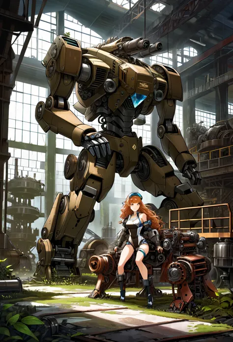 abandoned in an abandoned factory, apocalypse legacy, (((stunning abandoned mech:1.3))), kneeling pose, majestic nature of insid...