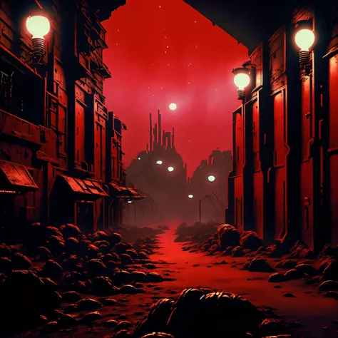 dark, sinister landscape dominated by deep crimson hues. In the foreground, a monstrous, shadowy figure with glowing red eyes emerges from a river of blood, its claws raised in a menacing stance. The river winds its way through a desolate wasteland, with t...