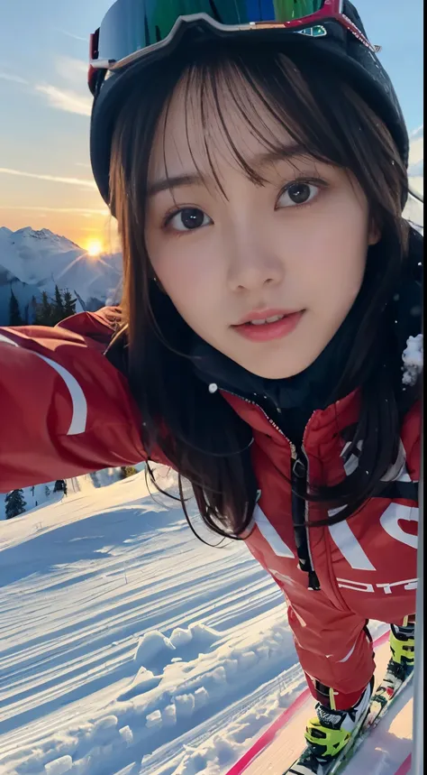 (close up portrait of one girl with slender small breast and long hair dressed in colorful ski clothes。:1.5)、(a girl skiing with...