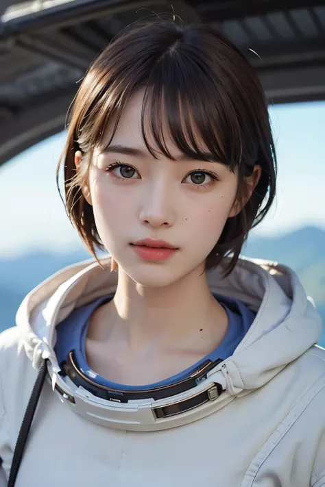 highest quality、masterpiece、ultra high resolution、(real:1.4)、Beautiful woman１、Beautiful details of eyes and skin、small smile、light brown short cut hair、perfect space suit、spaceship、macrocosm、Remains、rocky mountain、cloudy sky、