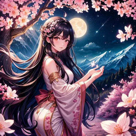 masterpiece, best quality, night, mountain, full moon, long black hair, woman, firefly, stars, mysterious cherry blossom tree, pink leaves, high quality, beautiful graphics, high detail