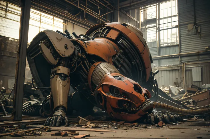 In an abandoned factory, a broken and heavily rusted mech is kneeling on a conveyor belt, missing its arms and legs. (best quality,4k,8k,highres,masterpiece:1.2), ultra-detailed, (realistic,photorealistic,photo-realistic:1.37), HDR, UHD, studio lighting, v...