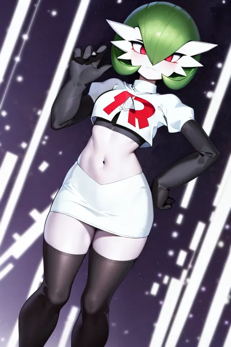 masterpiece, best_quality, 1girl, solo, gardevoir, creatures (company), game freak, nintendo, pokemon, pokemon (game), bangs, colored skin, female focus, gen 3 pokemon, green hair, green skin, hair over one eye, multicolored skin, pokemon (creature), red e...