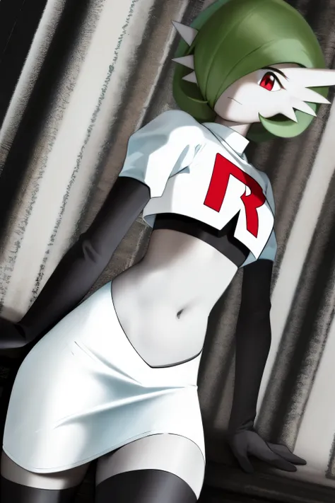 masterpiece, best_quality, 1girl, solo, gardevoir, creatures (company), game freak, nintendo, pokemon, pokemon (game), bangs, colored skin, female focus, gen 3 pokemon, green hair, green skin, hair over one eye, multicolored skin, pokemon (creature), red e...