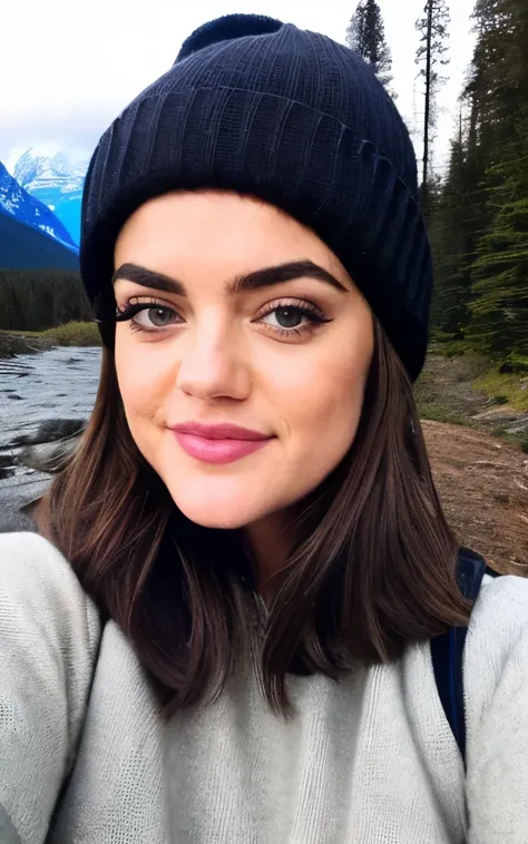 photograph, photo of beautiful Lucy Hale, selfie, upper body, solo, wearing pullover, outdoors, (night), mountains, real life nature, stars, moon, cheerful, happy, gloves, sweater, beanie, forest, rocks, river, wood, smoke, fog, looking at viewer, skin tex...