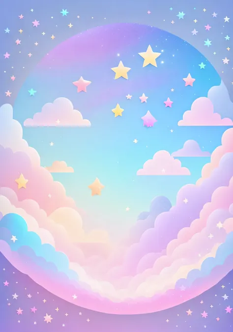 "cartoon illustration, sky in a gradient of pastel colors with twinkling stars. Immerse yourself in a mystical world full of magical elements (weighted at 0.9).