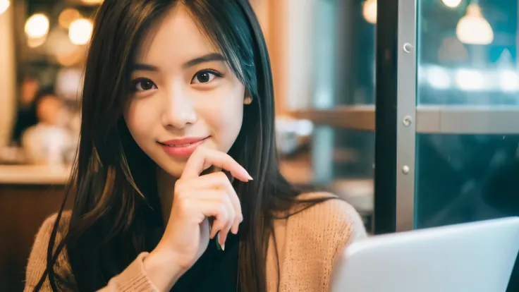 ((最high quality, 8k, masterpiece: 1.3)), perfect face, Inside a stylish cafe in New York、The season is spring,A scene where a beautiful woman like a model is drinking a latte and studying on a laptop.,everything around you, I see other customers enjoying t...