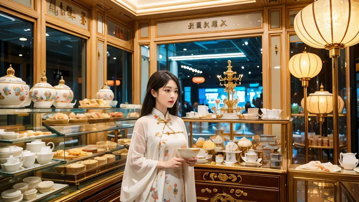 In a bustling large shopping mall, People and stalls with different perspectives, There are a lot of Chinese porcelain on the stall, A family is shopping, Surrealism, rococo style, high detail, Contemporary art, cinematic lighting, chromatic aberration, go...