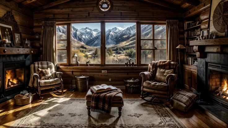 (a cozy,cabin),rustic,cats,cat lying on a sofa,open fireplace,(best quality,4K,high-res),ultra-detailed,(realistic:1.37),soft lighting,wooden furniture,warm color palette,crackling fire,peaceful ambiance,bookshelves filled with books,steaming mug of hot co...