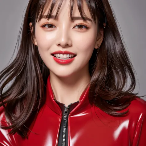 8k,超A high resolution,highest quality、masterpiece、Ultra - High resolution、(It looks real in the photo:1.4)、(1 girl)、long sleeve、(Glossy rubber Suit)、(mid short hair)、(wet hair)、super detailed human face、highly detailed teeth、red lipstick、