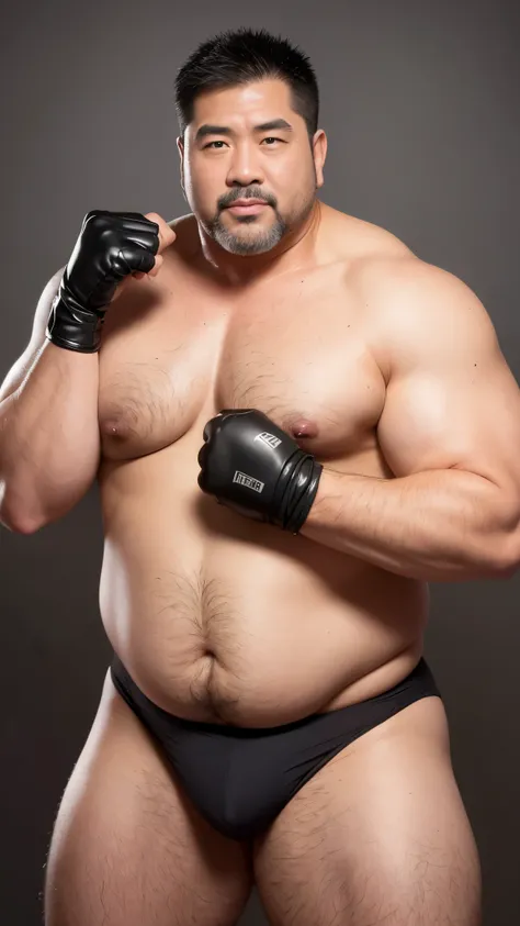 black hair, middle-aged man, individual, male, Muscular wrestler, muscular, Stout wrestler, Asian, Japanese, uncle, 55 year old middle-aged man, short hair, short hair, white wrestling boots, full body portrait, shadow, Vision, white briefs, obesity, 45 ye...