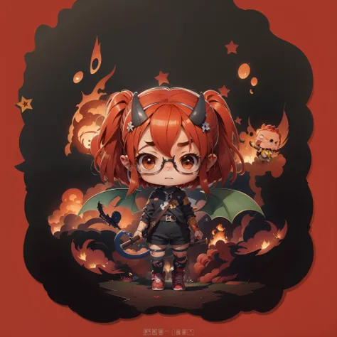 anime girl with red hair and glasses holding a bat, chibi, advanced digital chibi art, chibi art, chibi monster girl, fire!! full body, chibi style, chibi girl, anime chibi, chibi anime girl, chibi anime, demon girl, demon anime girl, demon slayer rui fana...