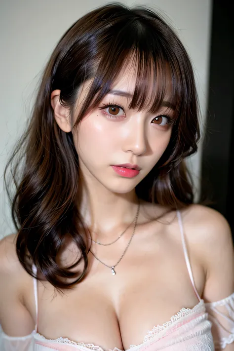 Canon RF85mm f/1.2,masterpiece,highest quality,ultra high resolution,VC,1 girl,(korean mixed,K-POPアイドル:1.2),alone,white_shiny_skin,black eye,necklace,((Brown_short_wavy_hair)),((pink_shiny_lips)),eyelash,前hair,make,compensate,shiny,pore,skin texture,bracel...