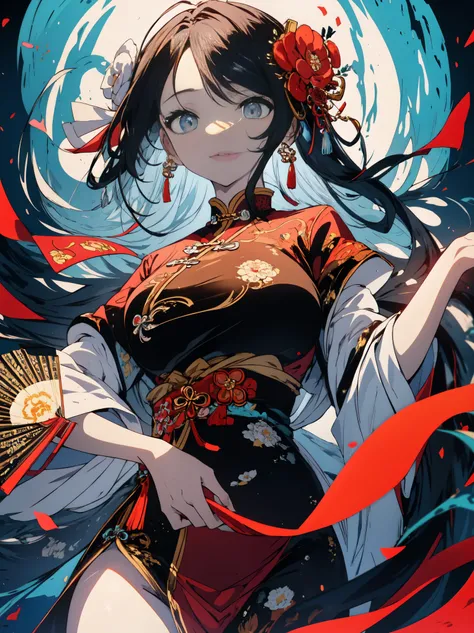 highest quality、masterpiece、beautiful anime、detailed eyes、1 girl, Holds a gorgeous Chinese-style fan, China dress