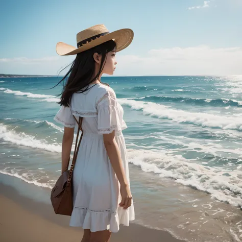 A girl wearing simple western summer outfit  standing look at sea with full of dream and passion 