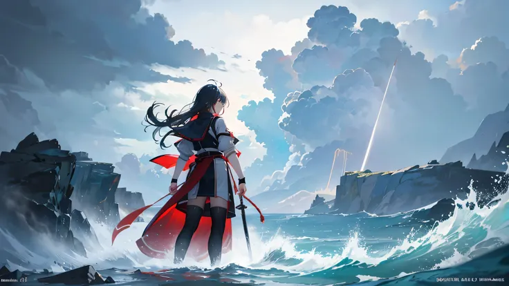 "Standing in front of the raging sea as a storm approaches、Draw a silhouette of a warrior。warrior is hall々and standing、Holds a sword or shield in hand、Ready to bravely face challenges。The sea symbolizes the warrior&#39;s inner conflicts and the hardships o...