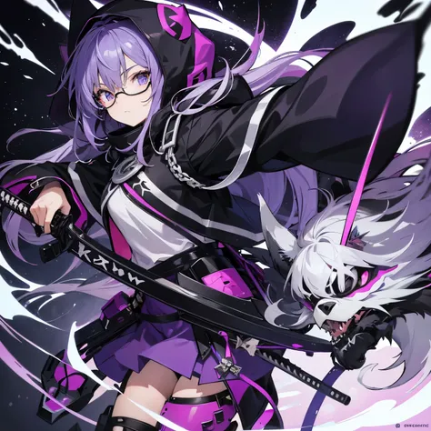 A anime hijab girl with gray eye wear a black and purple fur hoodie like armour,holding a sword made from bone.