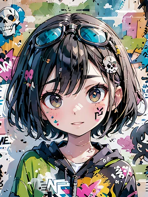 8K resolution、((highest quality))、((masterpiece))、((Super detailed))、1 female、(((Little)))、incredibly absurd、 (((most beautiful girl ever))), (((Stylish sunglasses))), lips in love, stylish cap,short cut hair、small breasts, ((skull(graffiti art wall))), co...