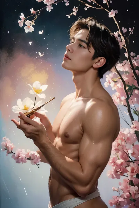 a muscular, 1 man, solo, (oil painting:1.5), (NSFW:1.2), a man joyfully twirling in the raining paint, 1boy, short hair, floral, Lycianthus ,In light pink and light blue styles..., Dreamy and romantic composition..., dripping flowers on his face, in the st...