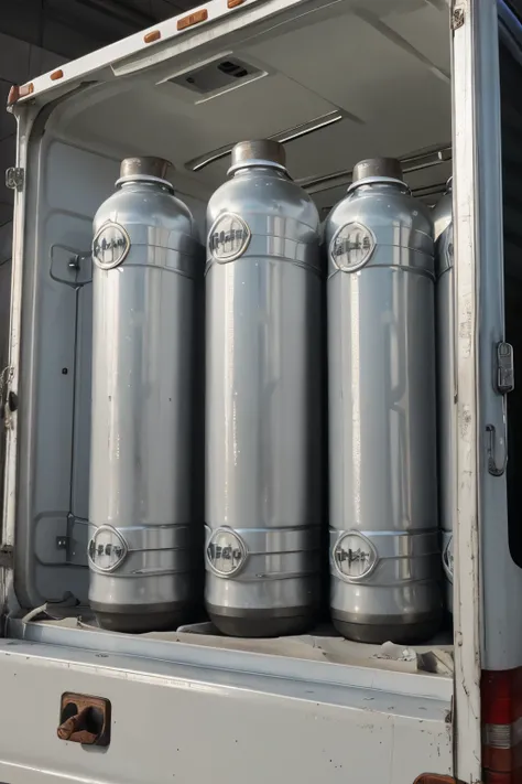 self-heating liquid material in a big truck. group of cylinders, utra hd. realistic, 4k quality, ultra realistic