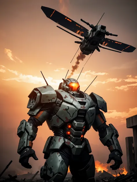 A polished camo ceramic exoskeleton-clad juggernaut with heavy weapons, showcasing flying abilities, hovers over a post-apocalyptic battlefield. Other juggernauts emit fire and plumes of smoke against a backdrop of dark orange-red skies. The scene is captu...