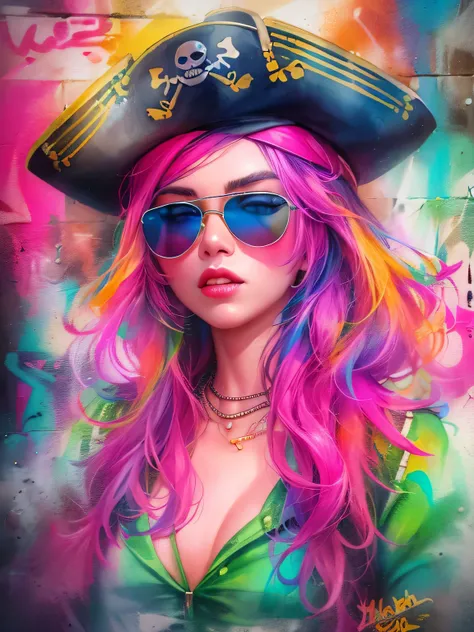 watercolor painting, 8K resolution、((highest quality))、((masterpiece))、((Super detailed))、1 female、alone、incredibly absurd、 (((The most beautiful pirate girl of all time))), (((Stylish sunglasses))), lips in love, pirate hat,neon、、small breasts, (((graffit...