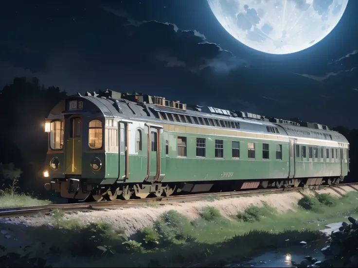 brick station，the steam locomotive stopped，(amazing roofless platform)，(europe)、train illuminated by moonlight. detail view. bri...