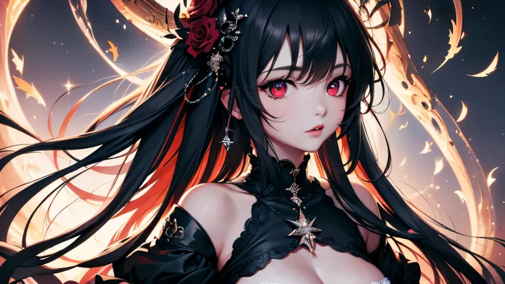 4K quality:1.2,1 girl,sense of depth,confused,catch light,Super beautiful illustration,((black color,long hairstyles:1.3)),dark dark eyeshadow,(((4k,super beautiful,In detail,red eyes))),bright red lipstick,Gothic Lolita,beautiful and delicate hair 