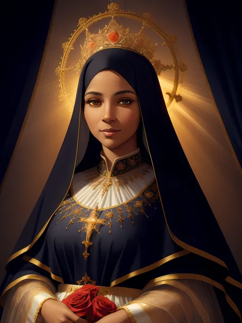 (masterpiece), best quality, ultra-detailed, extremely detailed, dynamic angle, dynamic pose, one girl, golden crucifix on clothing, high resolution, glowing, shining, holy atmosphere, dark background, dramatic lighting.