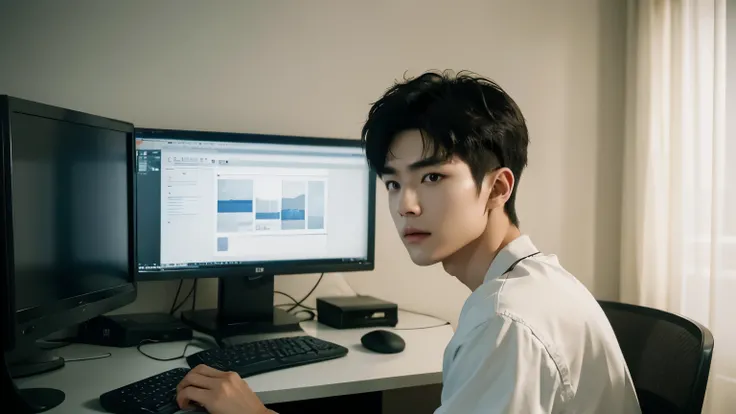 best quality,super detail,Ultra High Resolution,glorious picture,A boy,22-year-old Korean model,East Asian faces,Slightly younger face,perfect bodies,Ultra-delicate skin,Staring straight ahead,

Looking at the computer, being attracted by the computer scre...